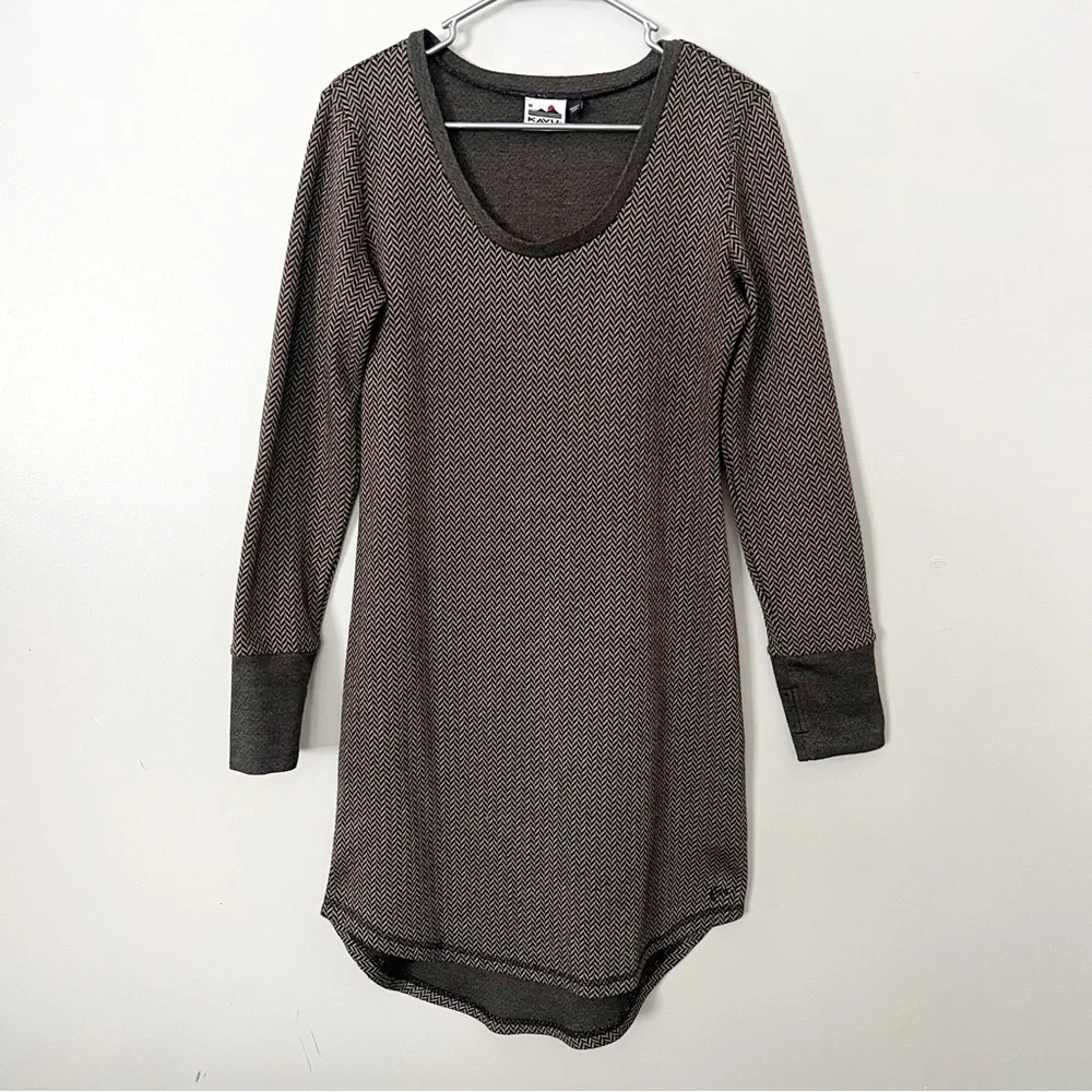 Kavu Brown Herringbone Sweater Dress Chevron Medium Elbow Patches Earthy Cozy